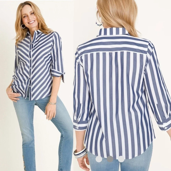 Chico’s  No-Iron Cotton Striped Stain Shield Shirt - Picture 2 of 16